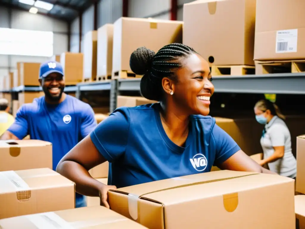 Voluntarios sonrientes de una ONG empacando suministros para familias necesitadas