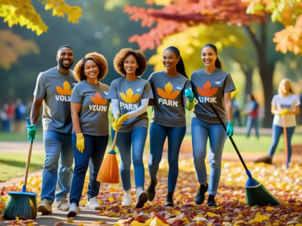 Voluntarios sonrientes limpian parque en otoño, usando técnicas retención voluntarios organizaciones sin fines lucro