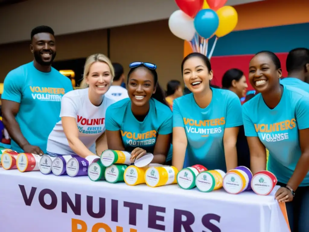 Voluntarios sonrientes organizan un rifa para ONG, rodeados de premios y compradores entusiastas