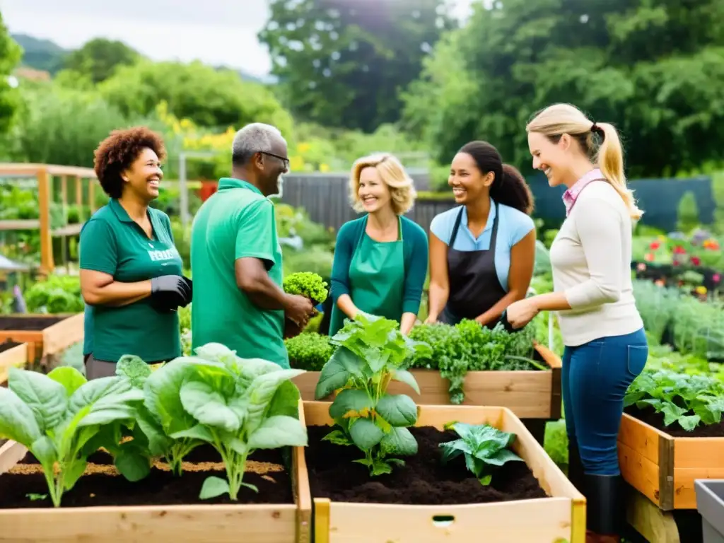 Voluntarios cultivan jardín sostenible, plantando y cuidando cosechas, en un ambiente vibrante y con prácticas sostenibles evidentes