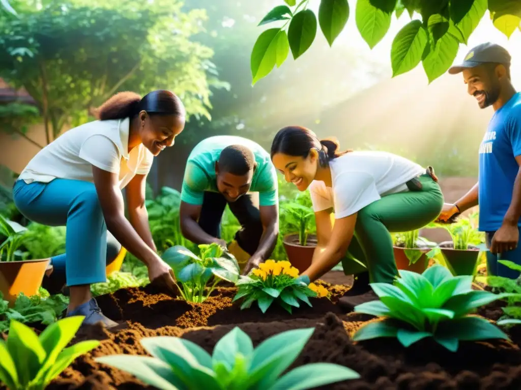 Voluntarios construyendo jardín sostenible para ONG, con expresiones de colaboración y propósito