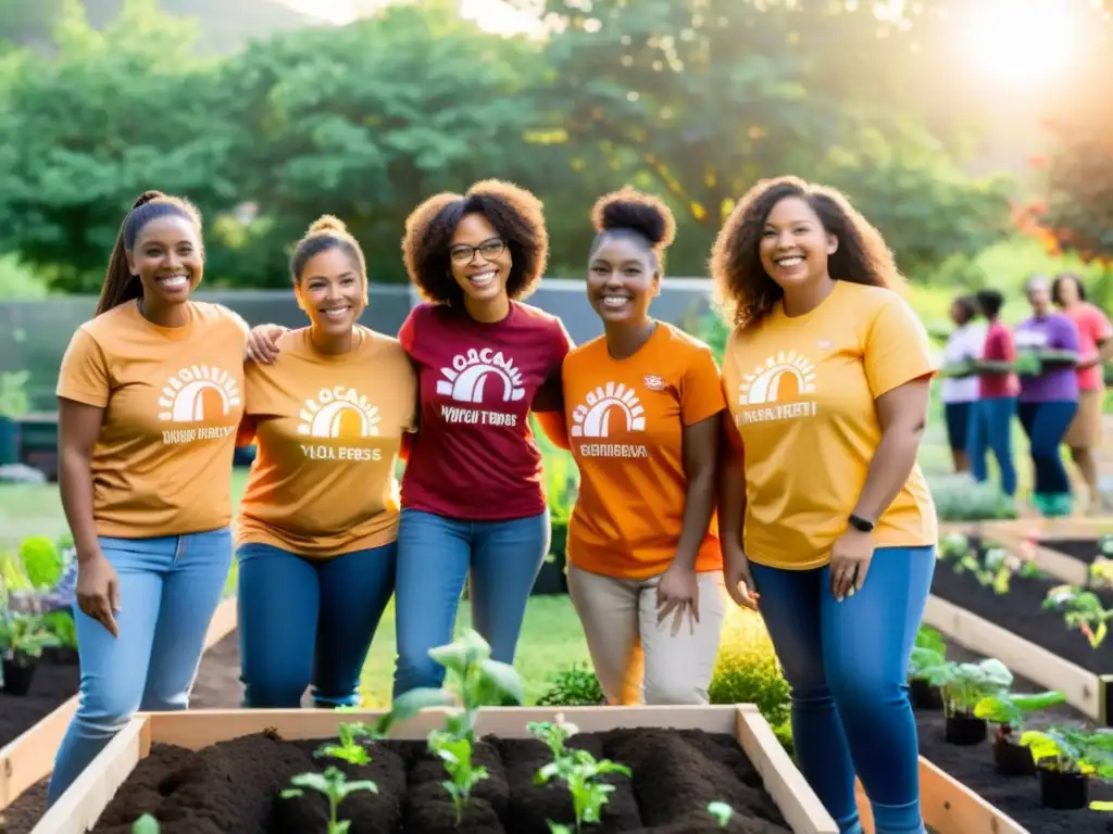 Voluntarios sostenibles de ONGs plantan árboles y construyen huertos comunitarios en un jardín, con un ambiente de colaboración y alegría al atardecer