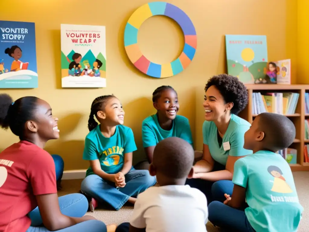 Voluntarios realizan storytelling para ONGs, cautivando a niños con historias en un ambiente acogedor y lleno de color