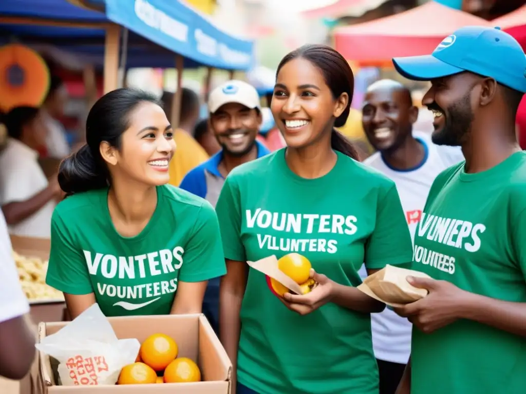 Voluntarios de ONG distribuyen suministros en un animado mercado, mostrando autenticidad y participación comunitaria