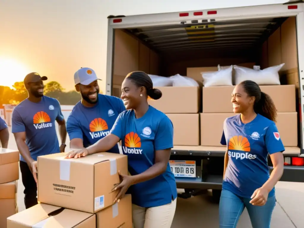 Voluntarios descargando suministros al atardecer, maximizando recursos en ONGs