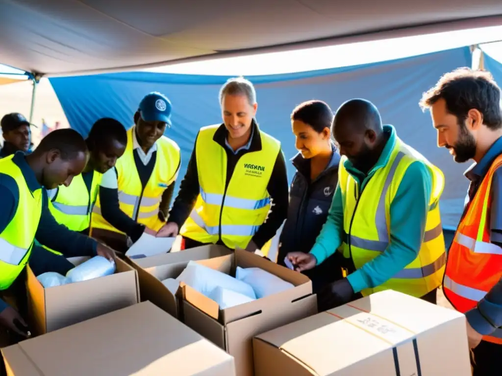 Voluntarios distribuyen suministros en un campamento de refugiados, mostrando optimización de recursos en ONGs