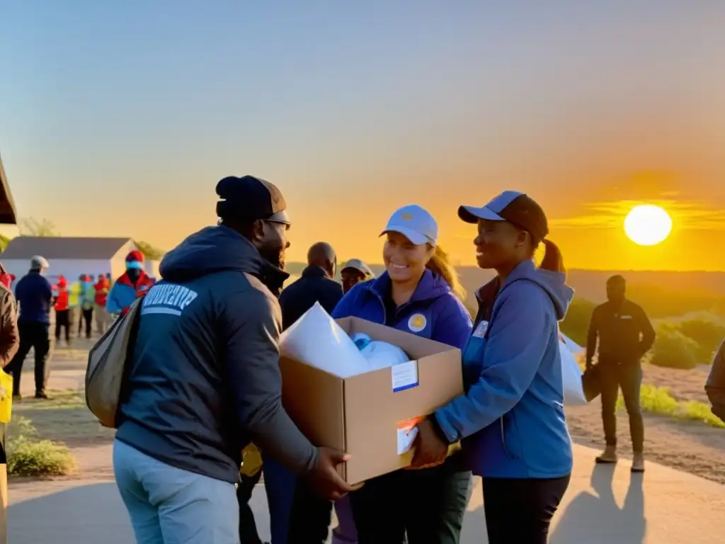 Voluntarios distribuyen suministros de emergencia al atardecer, mostrando el espíritu solidario y el plan de contingencia para ONGs