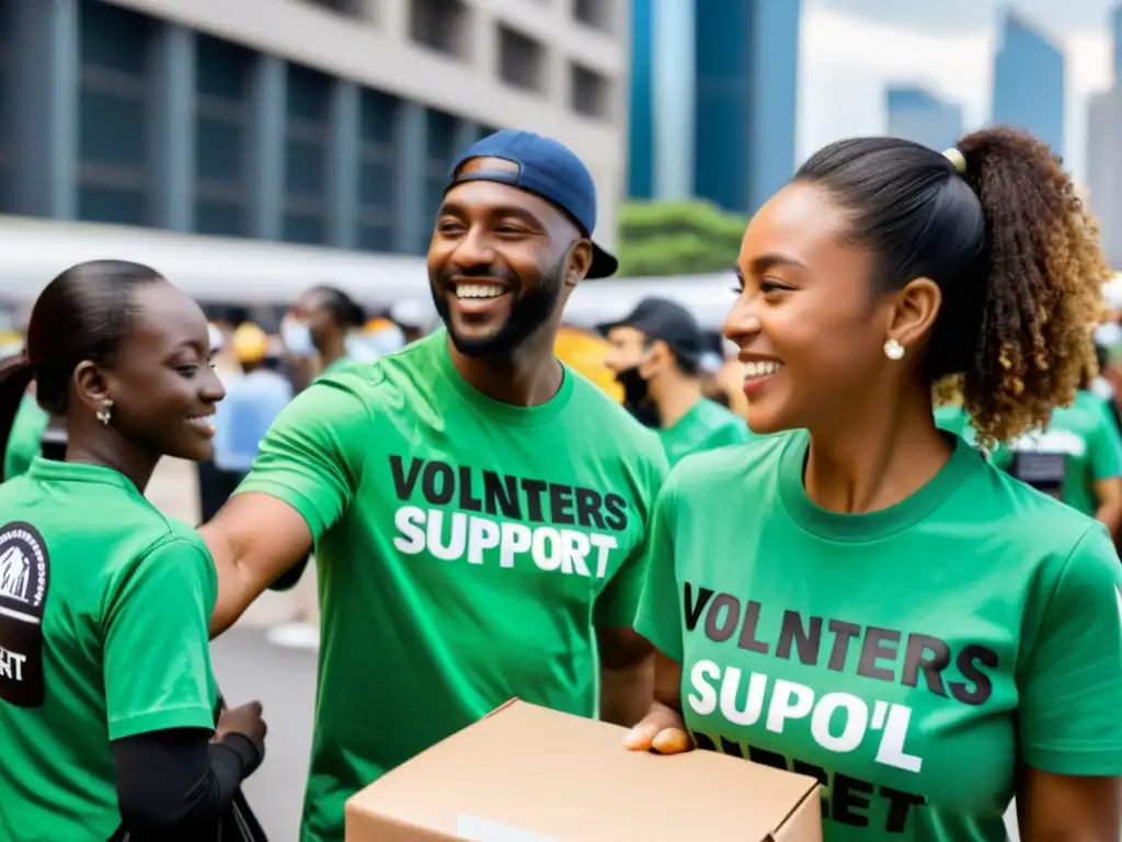 Voluntarios distribuyen suministros a una multitud diversa en la ciudad, reflejando estrategias para maximizar impacto ONG con calidez y compasión