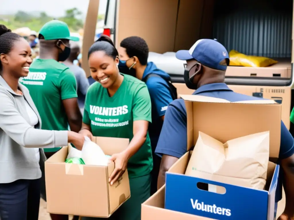 Voluntarios distribuyen suministros vitales a una comunidad necesitada, mostrando solidaridad y esperanza