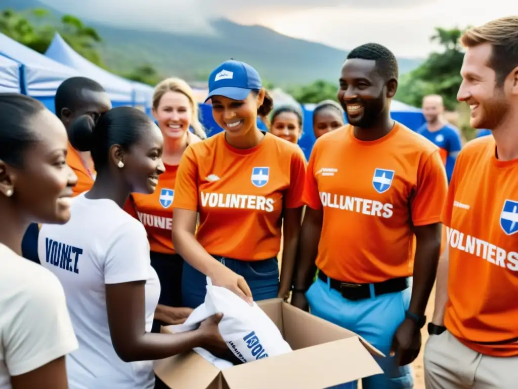 Voluntarios distribuyendo suministros en zona de desastre, mostrando empatía y determinación