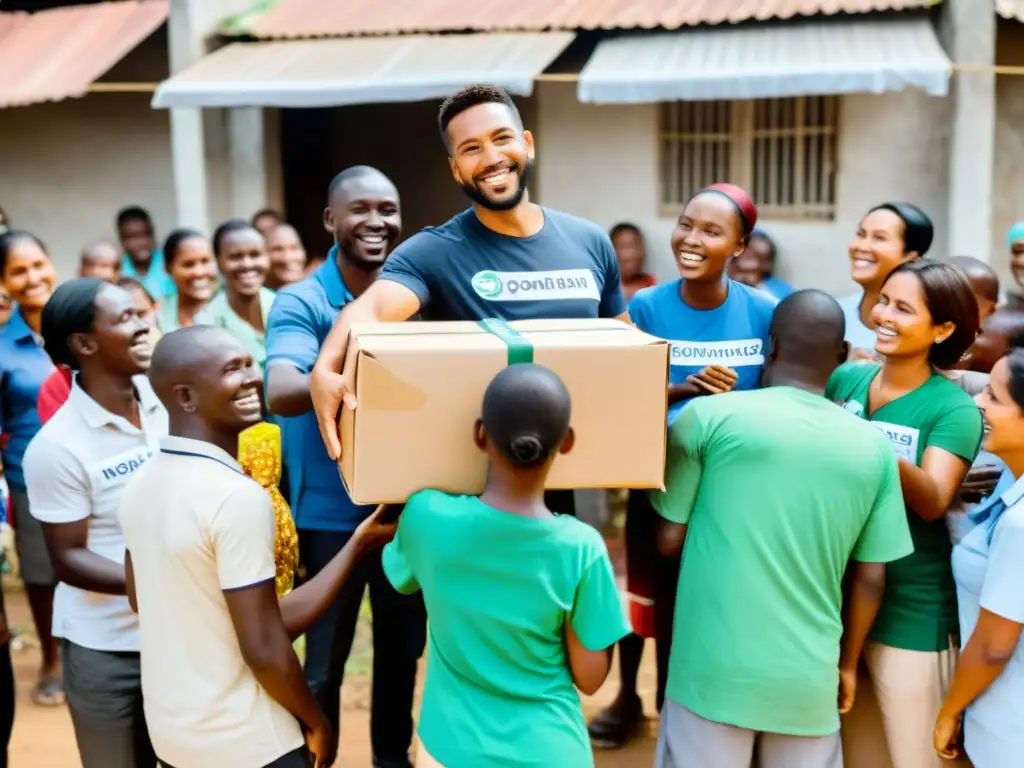 Voluntarios y trabajadores distribuyen alimentos y suministros a una comunidad necesitada, mostrando el impacto de la Medición del ROI social en ONGs