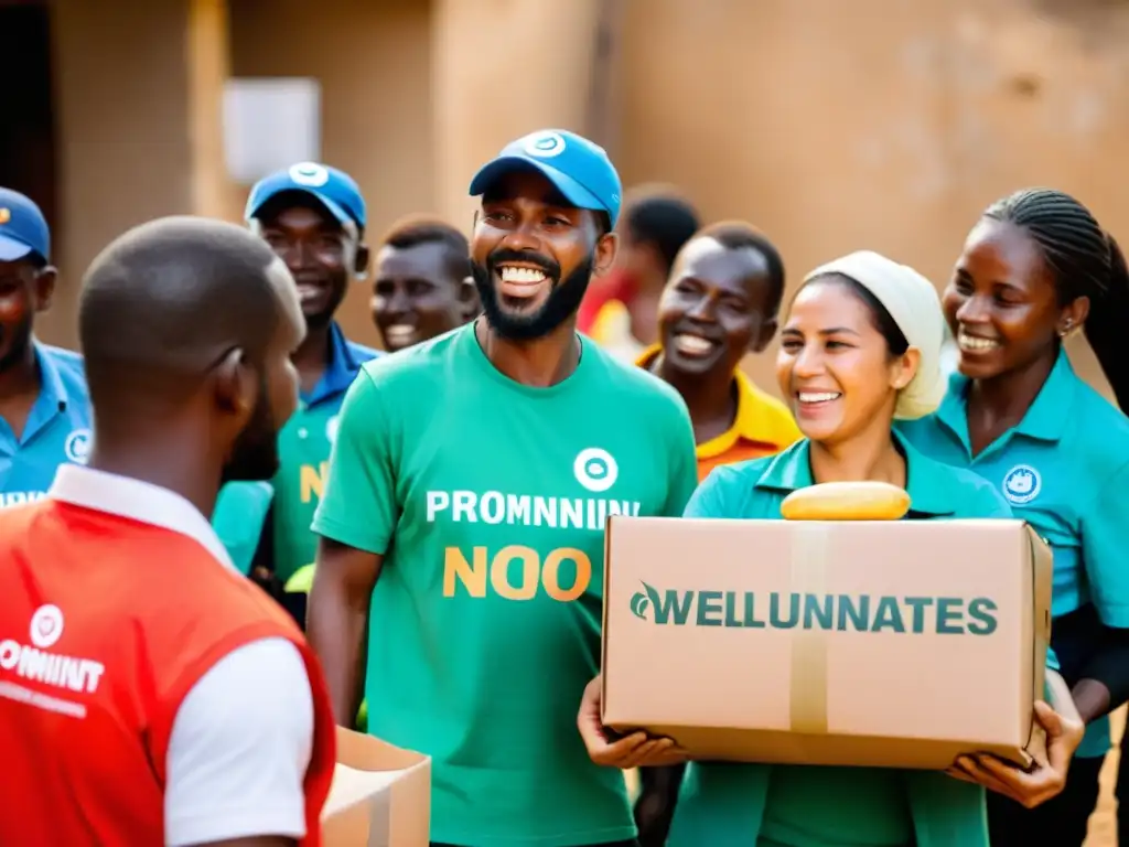 Voluntarios y trabajadores distribuyen alimentos y suministros a una comunidad necesitada, con el logo de una ONG