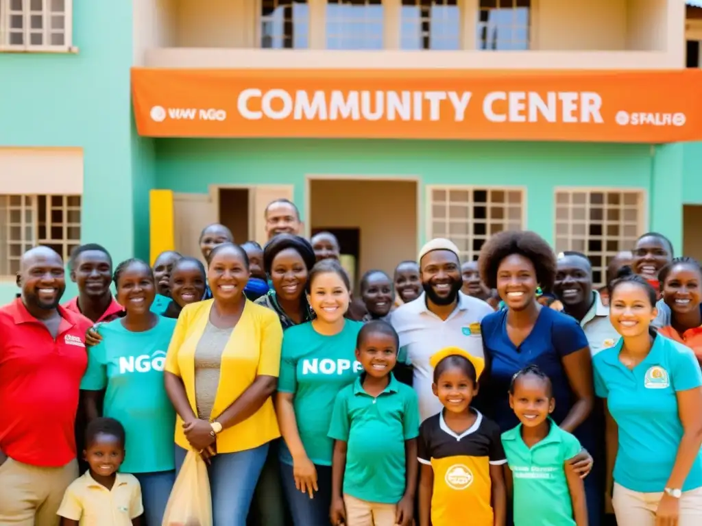 Voluntarios y trabajadores de ONG distribuyendo alimentos y suministros en un centro comunitario, rodeados de familias y niños sonrientes