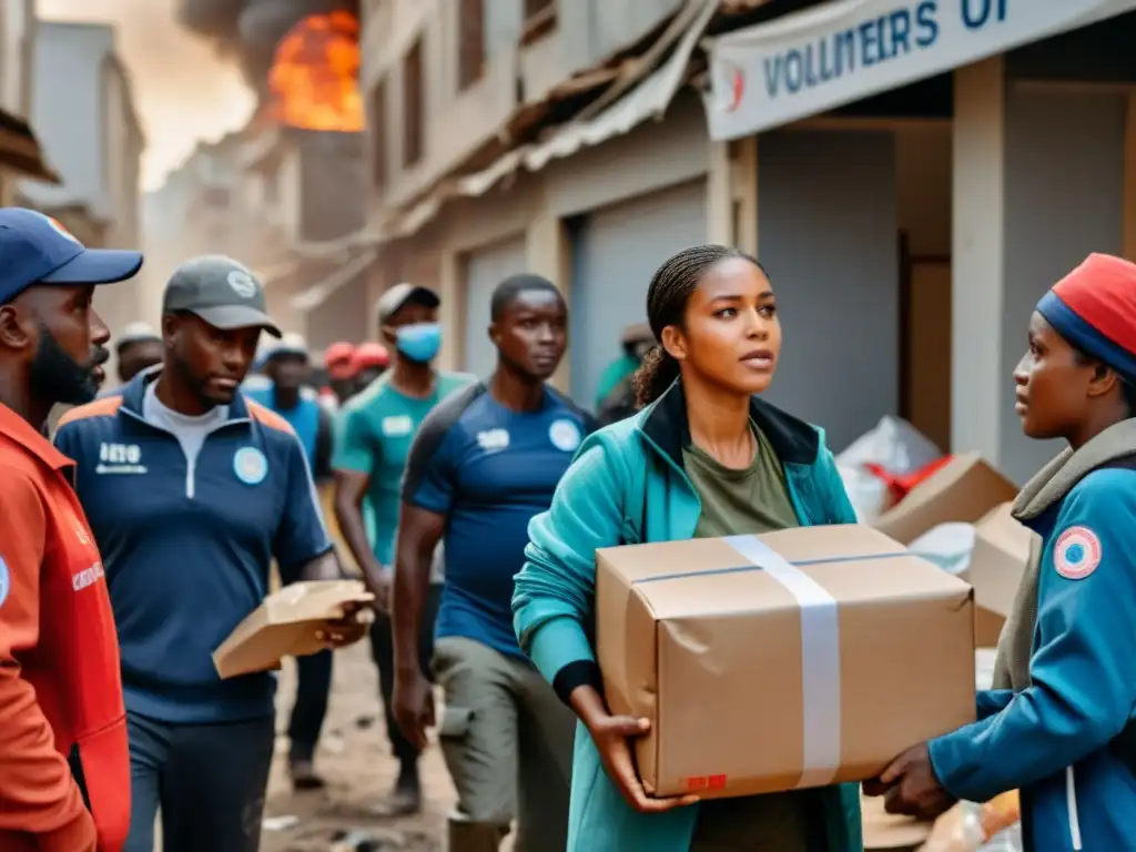 Voluntarios y trabajadores distribuyen ayuda en crisis, con edificios dañados de fondo, mostrando resiliencia y esperanza