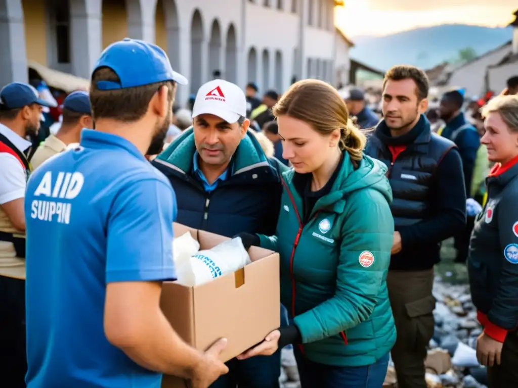 Acción humanitaria: ayuda y solidaridad en crisis Voluntarios y trabajadores distribuyen ayuda en zona de crisis, mostrando empatía y resiliencia
