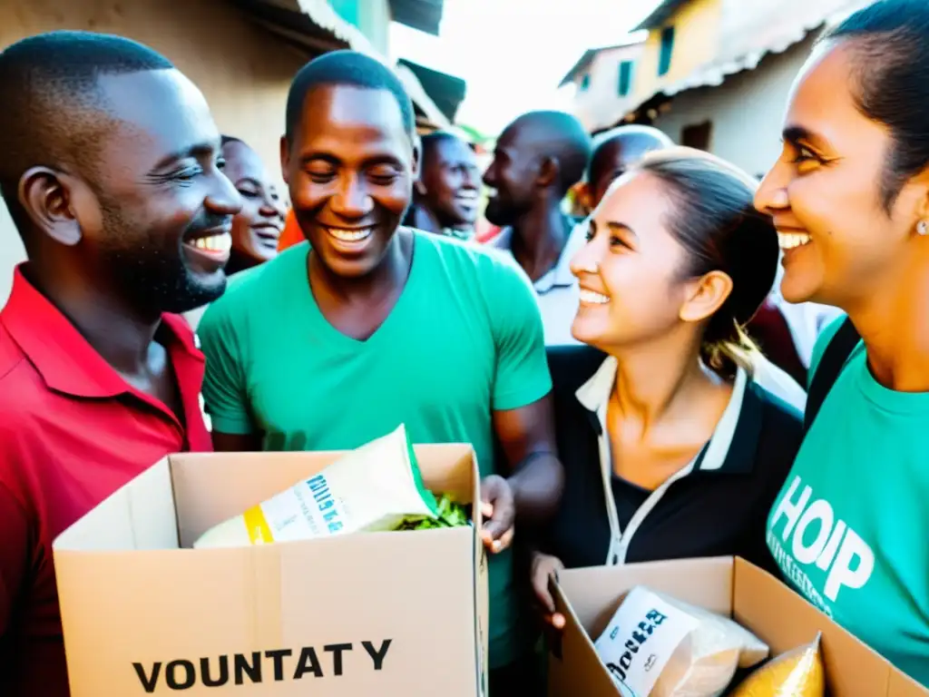 Voluntarios y trabajadores distribuyen ayuda en zona de pobreza, expresiones de gratitud y esperanza