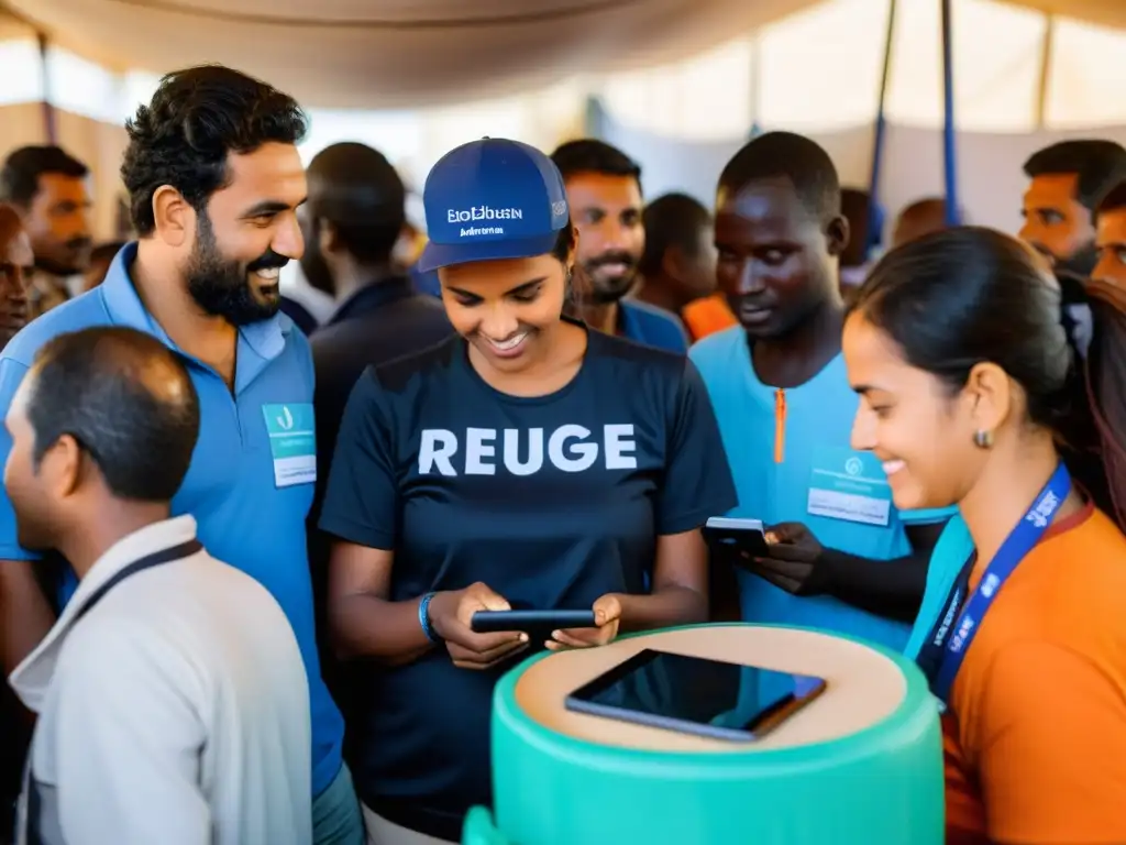 Voluntarios y trabajadores en campamento de refugiados usando tecnología para implementación de blockchain en ONGs, en medio de desafíos