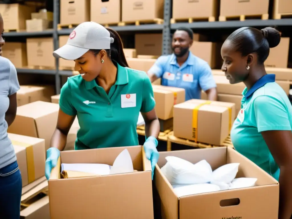 Voluntarios y trabajadores colaborando en centro de distribución de ayuda humanitaria, mostrando gestión de voluntarios en ONGs con determinación y compasión