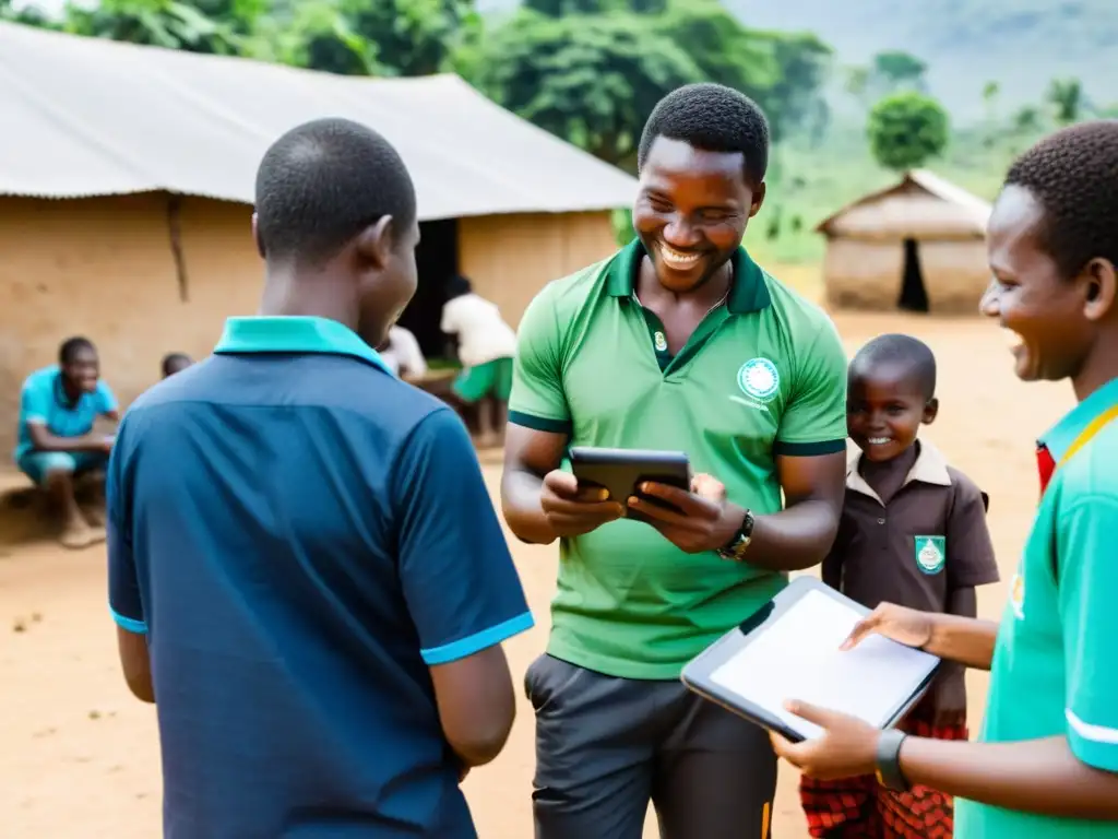 Voluntarios y trabajadores de ONG en comunidad rural, utilizando tablets y cuadernos para medir el impacto de sus estrategias para maximizar impacto ONG, rodeados de sonrisas y participación comunitaria