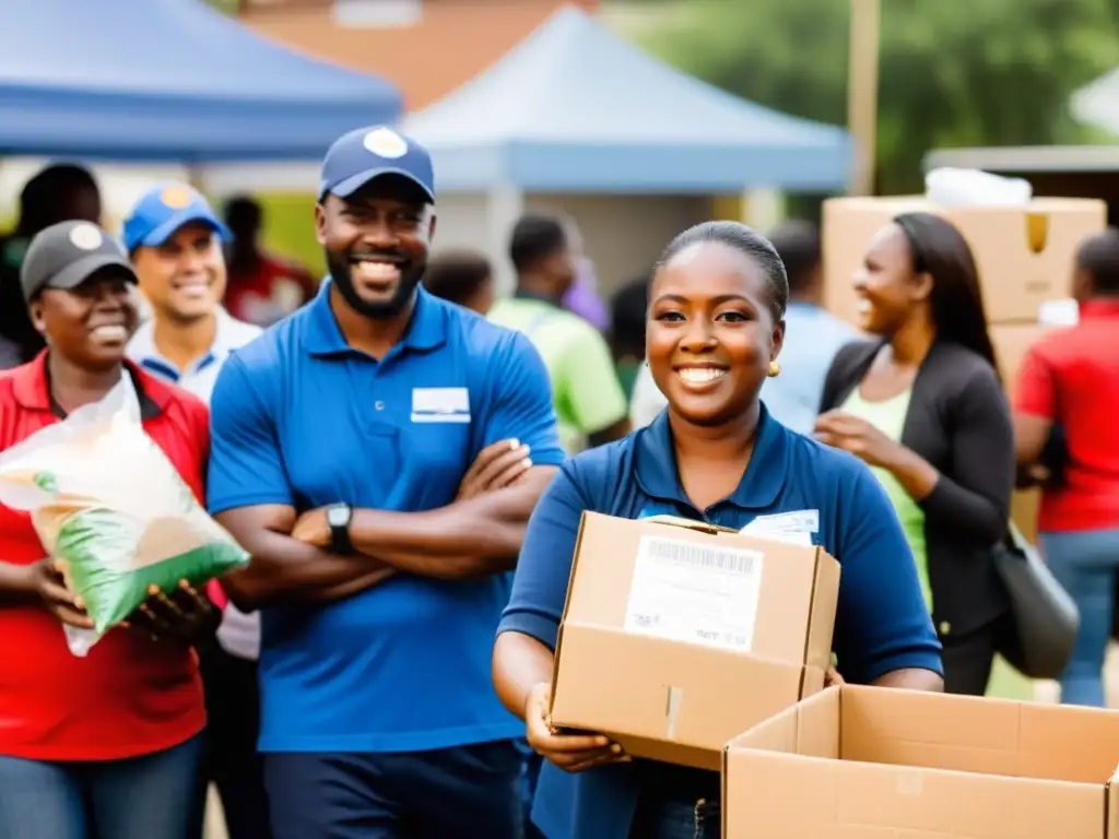 Voluntarios y trabajadores distribuyendo donaciones a familias necesitadas con eficiencia y transparencia