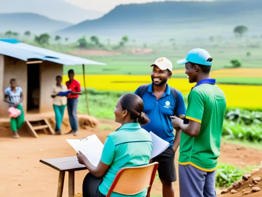 Voluntarios y trabajadores realizan encuestas en comunidad rural, evaluando impacto de ONG
