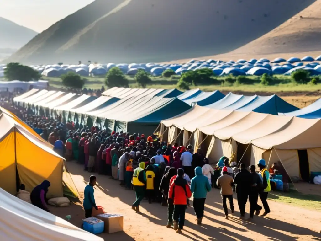 Voluntarios y trabajadores humanitarios distribuyendo ayuda en un campamento de refugiados