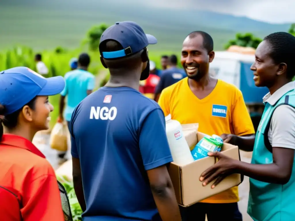 Voluntarios y trabajadores de ONGs distribuyen ayuda en crisis, mostrando solidaridad y gestión de crisis en ONGs