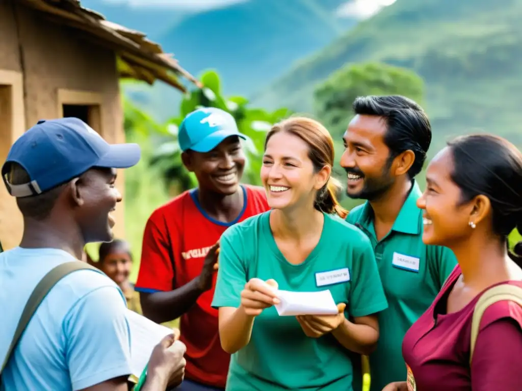 Voluntarios y trabajadores de ONGs interactúan con la comunidad en una aldea remota, distribuyendo suministros y generando impacto positivo