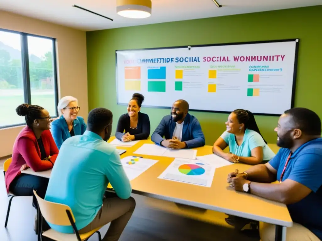 Voluntarios y trabajadores sociales colaboran en un centro comunitario, planificando estrategias para mejorar el monitoreo de proyectos sociales