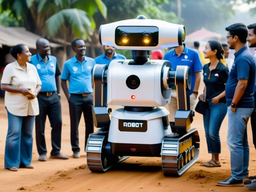 Varios voluntarios y trabajadores sociales colaboran con un robot de alta tecnología para brindar ayuda humanitaria