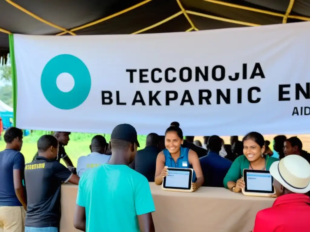 Voluntarios y trabajadores usando tecnología blockchain para transparencia en ONGs en un campamento de refugiados