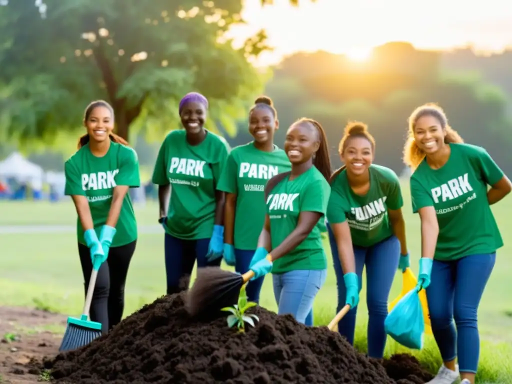 Voluntarios unidos en gestión comunitaria, limpiando el parque al atardecer