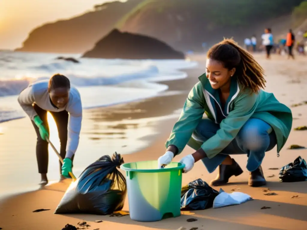 Voluntarios trabajan unidos en limpieza de playa, reflejando la importancia de la Gestión proyectos medioambientales ONG sostenibilidad