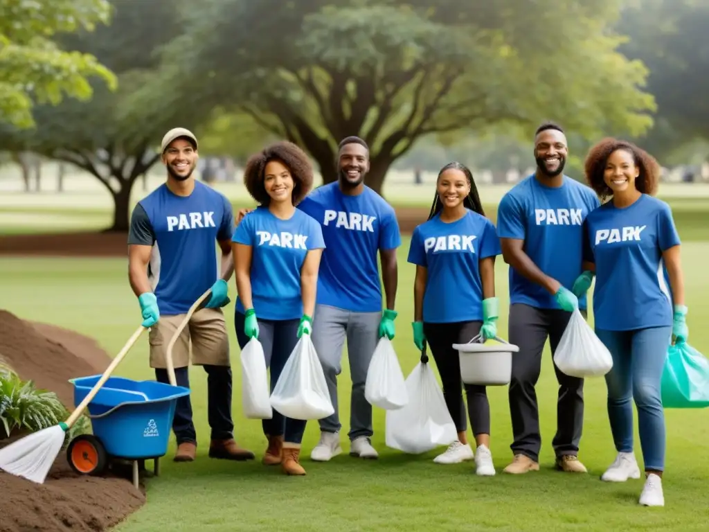 Voluntarios diversos unidos, sonriendo mientras limpian un parque