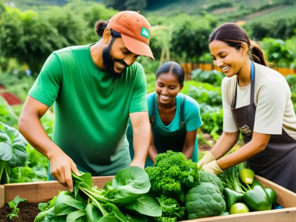 Voluntarios de una ONG cosechando vegetales orgánicos en un huerto comunitario, promoviendo iniciativas ONGs alimentación sostenible