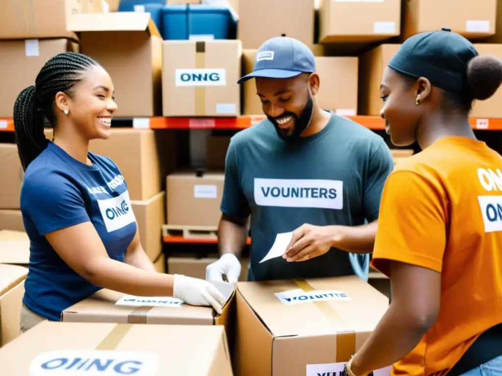 Voluntarios de ONG trabajan con determinación y compasión para maximizar ventas tienda virtual ONG, empacando donaciones en almacén bullicioso